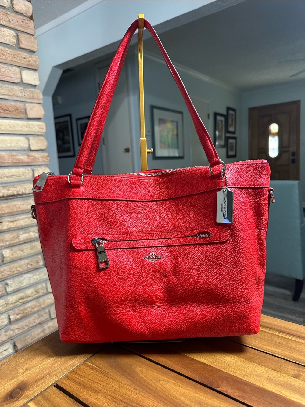Coach Tyler True Red Pebbled Leather Tote with Front Zip Pocket